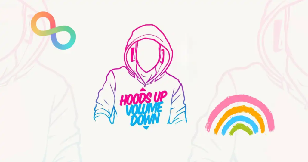 Drawing of a person with a hoodie up, in the top left is the infinity symbol for autism and the bottom right a rainbow